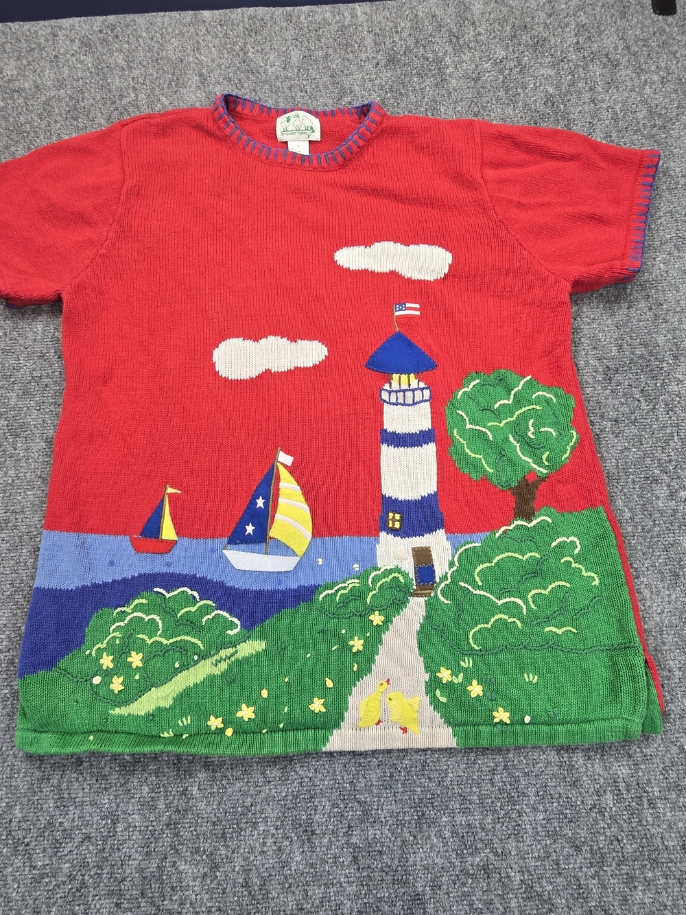 Quacker Factory Womens L Red Lighthouse Duck Sailboat Novelty Knit Top Coastal